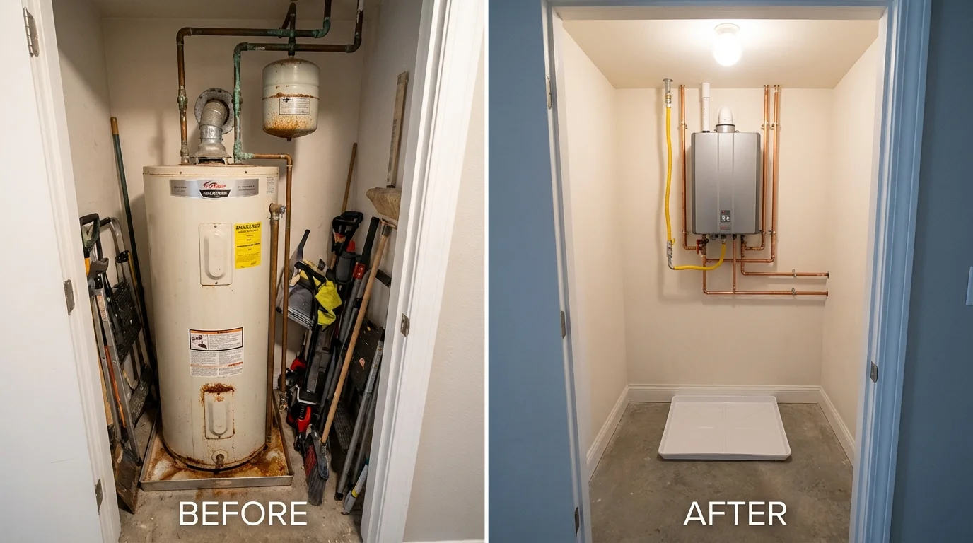 Tank water heater versus wall-mounted tankless unit comparison for Worthington, KY homeowners