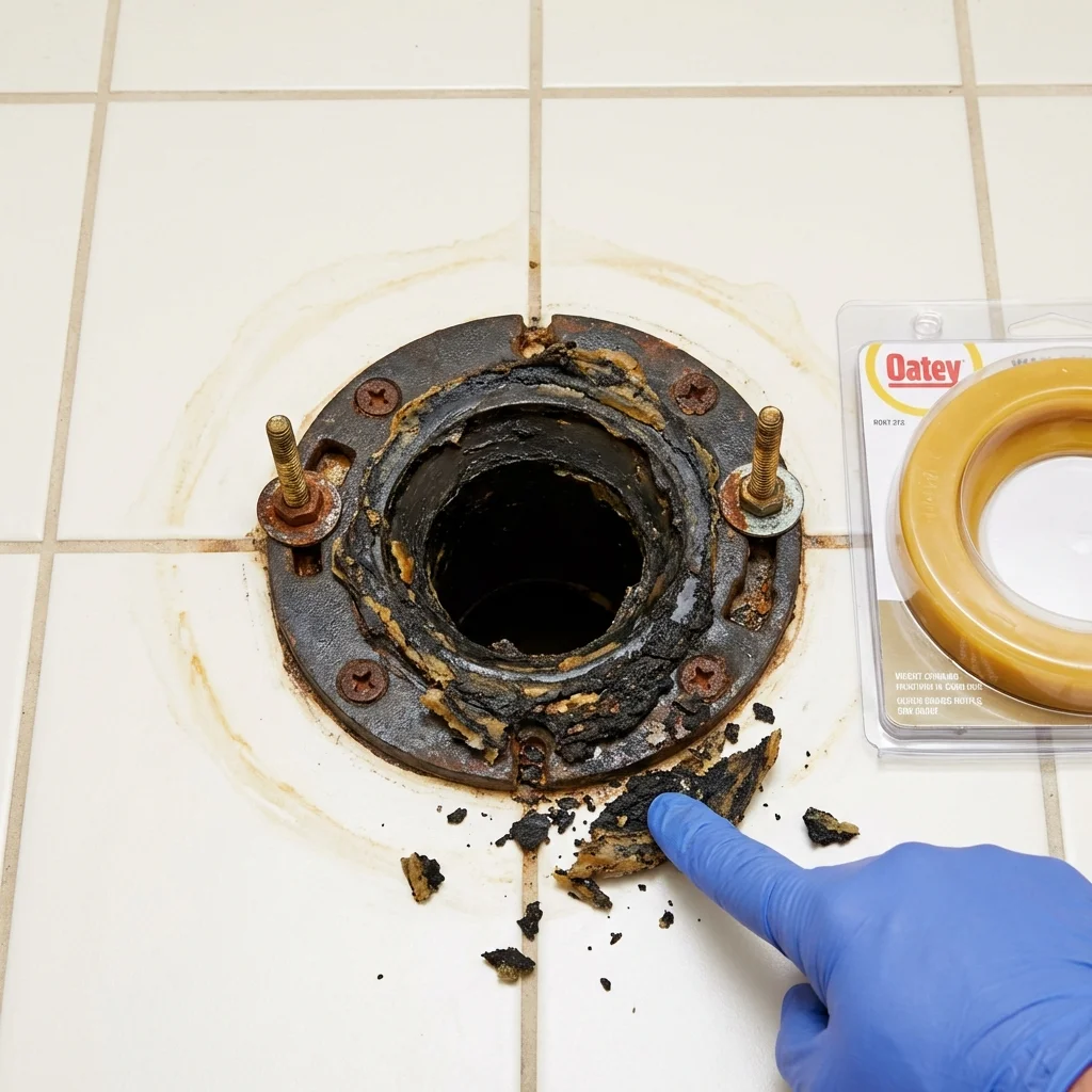 Failed wax ring showing water seepage at the base of a toilet in a Worthington, KY home